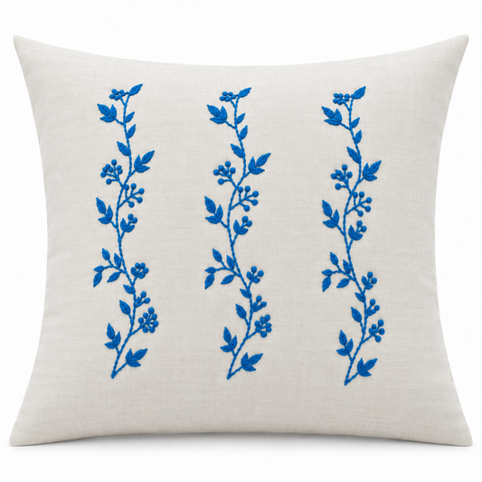 Triple Blue Vine Cushion Cover - hand-embroidered cushion