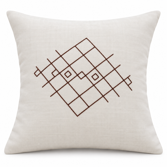 Brown Geometric Lattice Cushion Cover - hand-embroidered cushion