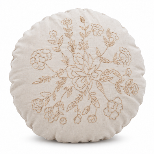 Round Beige Rose Medallion Cushion Cover - hand-embroidered cushion