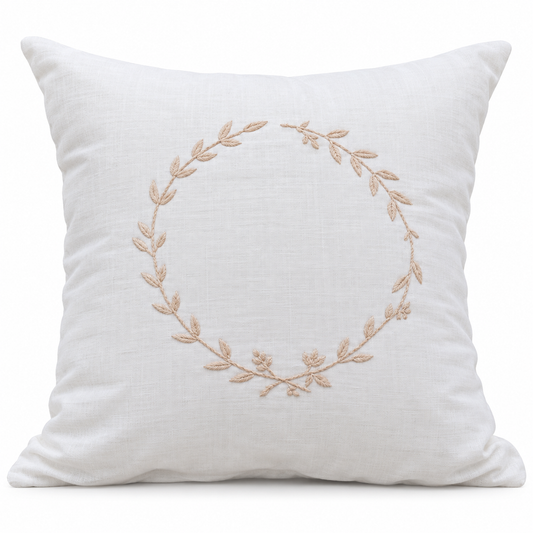 Beige Leaf Wreath Cushion Cover - hand-embroidered cushion