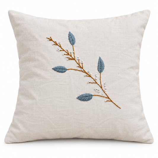 Blue Leaf Branch with White Buds Cushion Cover - hand-embroidered cushion
