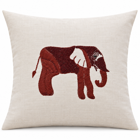Burgundy Elephant Embroidered Cushion Cover - hand-embroidered cushion
