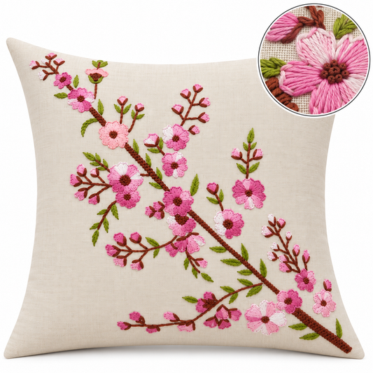 Close-up of the hand embroidery on the Blooming Cherry Blossom Bough Cushion Cover