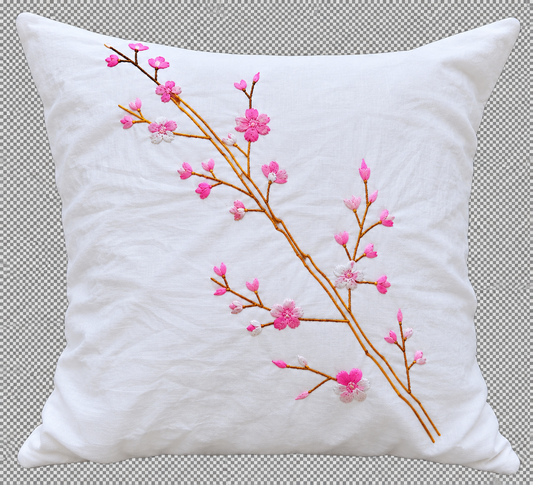 Sakura Branch on White Cushion Cover - hand-embroidered cushion