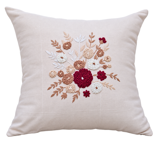 Burgundy & Blush Bouquet Cushion Cover - hand-embroidered cushion