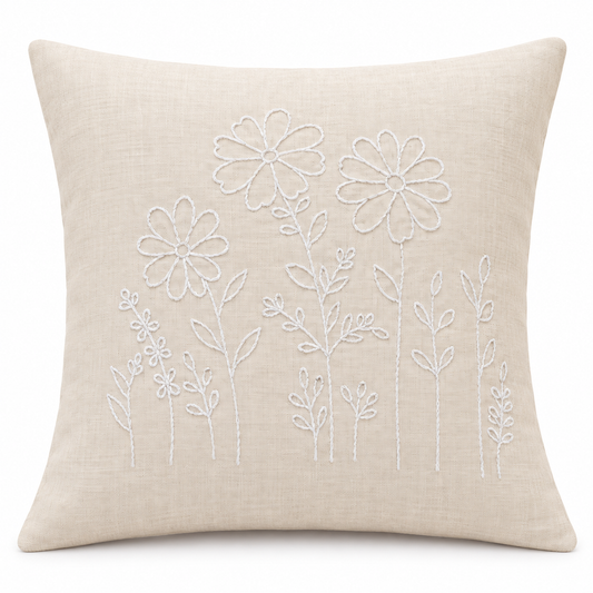 White Daisy Meadow Cushion Cover - hand-embroidered cushion