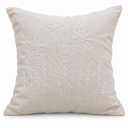 White Wildflower Line-Art Cushion Cover - hand-embroidered cushion