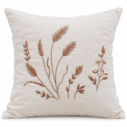 Terracotta Wheat Sprigs Cushion Cover - hand-embroidered cushion