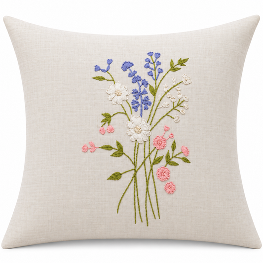 Bluebell & Pink Posy Cushion Cover - hand-embroidered cushion