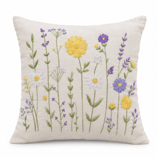 Yellow & Purple Meadow Cushion Cover - hand-embroidered cushion