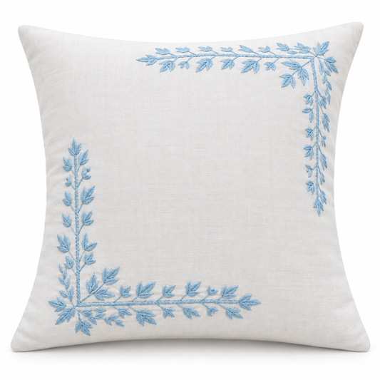 Sky Blue Leaf Corner Frame Cushion Cover - hand-embroidered cushion