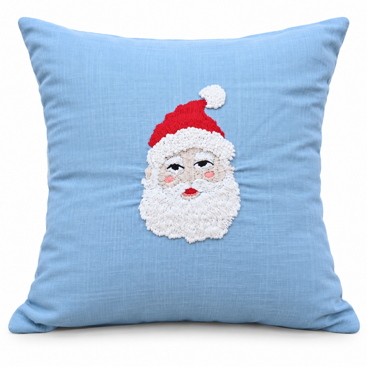 Santa Face on Sky Blue Cushion Cover - hand-embroidered cushion