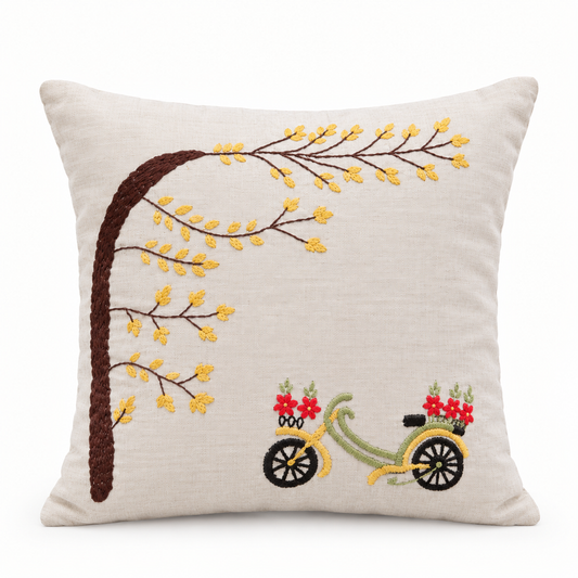 Blossom Tree & Bicycle Cushion Cover - hand-embroidered cushion