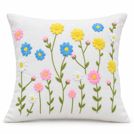 Bright Daisy Garden Cushion Cover - hand-embroidered cushion