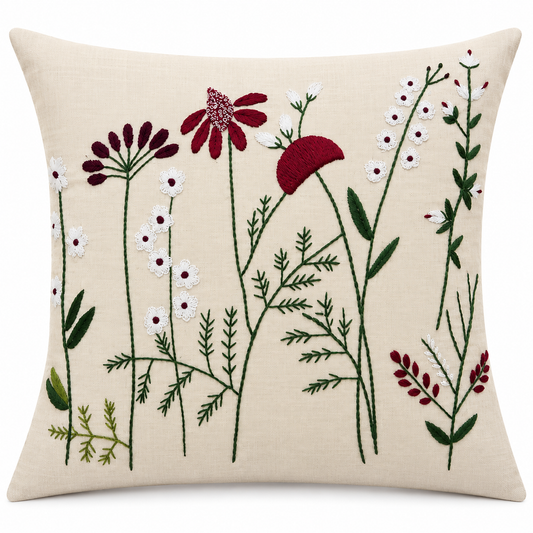 Burgundy & White Wildflower Cushion Cover - hand-embroidered cushion